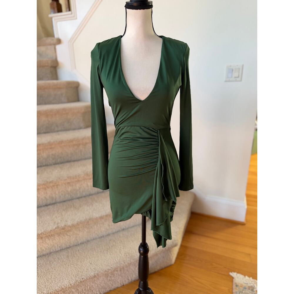 Superdown Forest Green Plunge V-Neck Long Sleeve Ruched Ruffle Mini Skirt
